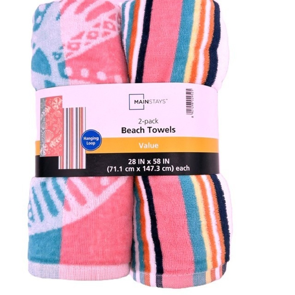 Mainstays 2-Pack Beach Towels Pink Seashell Multi Stripe 28x58 Cotton Blend New